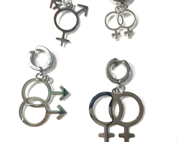Double Venus, Mars, Trans, Pansexual, Genderfluid, Gay Lesbian LGBTQ Pride 9x4mm Clip or Pierced Cuff Earring(s)