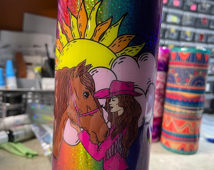 Ready to Ship 20 Oz Skinny Stainless Steel Epoxy Tumbler w Lid & Straw, Rainbow Cowgirl, Horse Cactus