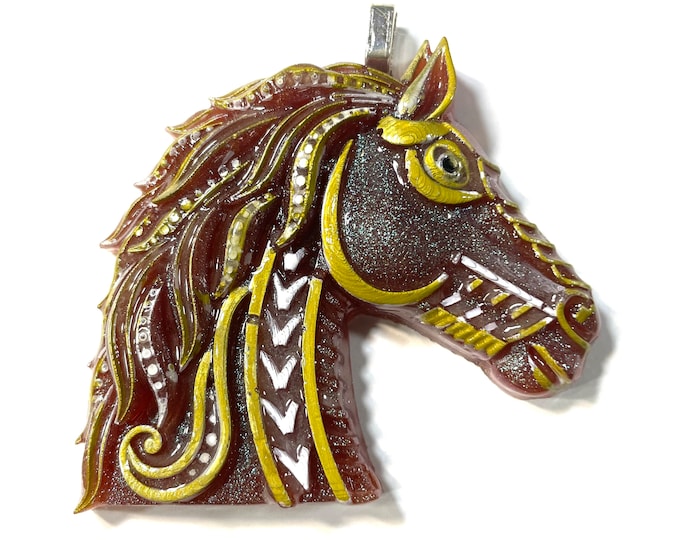 Resin 3D, Large Horse Head Bronze Brown and Gold, Blue Glitter Pearlized Equestrian Horse Lover Pendant or Ornament @2.5 Inch Long, Necklace