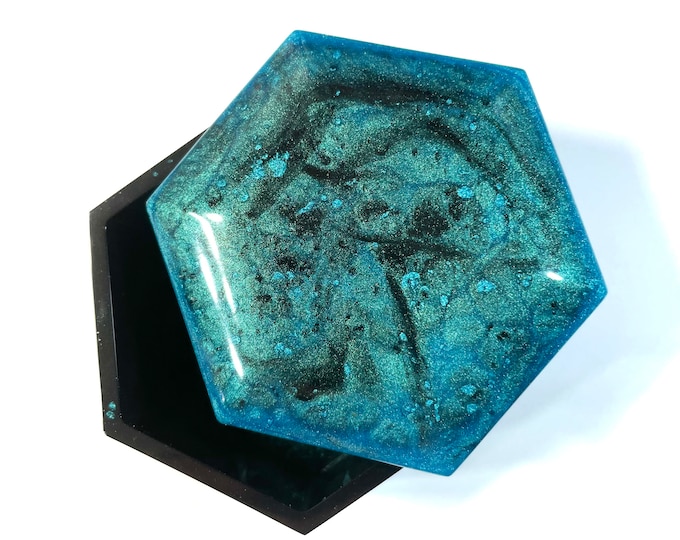 CUSTOM Available Ring Jewelry Stash Trinket Jar Box, Turquoise, Black, 3x3.5 Inch, Resin Handmade & Painted