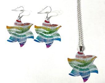 Flower Rainbow Multi Color Filigree Enamel Painted Metal Pride Medallion Pendant and/or Earrings 18" to 30" Chain or Waxed Cord Necklace