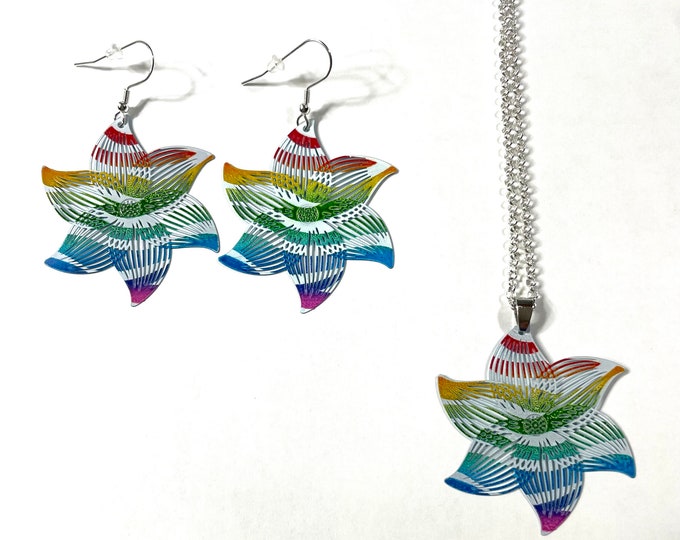 Flower Rainbow Multi Color Filigree Enamel Painted Metal Pride Medallion Pendant and/or Earrings 18" to 30" Chain or Waxed Cord Necklace