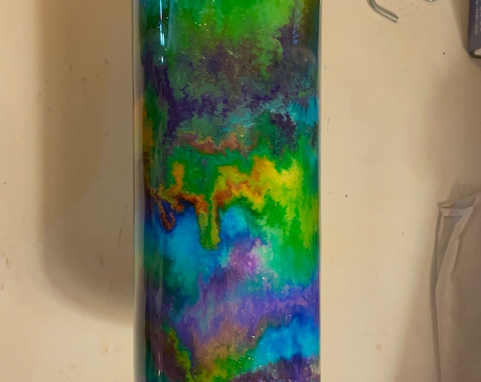 20 Oz Skinny Stainless Steel Epoxy Tumbler Alcohol Ink Swirl, Colorful Rainbow and Glitter, Unique, Custom Designs