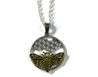 Nature Save The Bees, Bee with Honeycomb Pendant Silver and Gold Plated Necklace Pendant Medallion Gift Boxed FREE SHIP USA