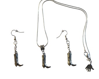 Cowboy Western Boot Silver Plated Snake Necklace Earrings 18" Chain NEW Gift Boxed