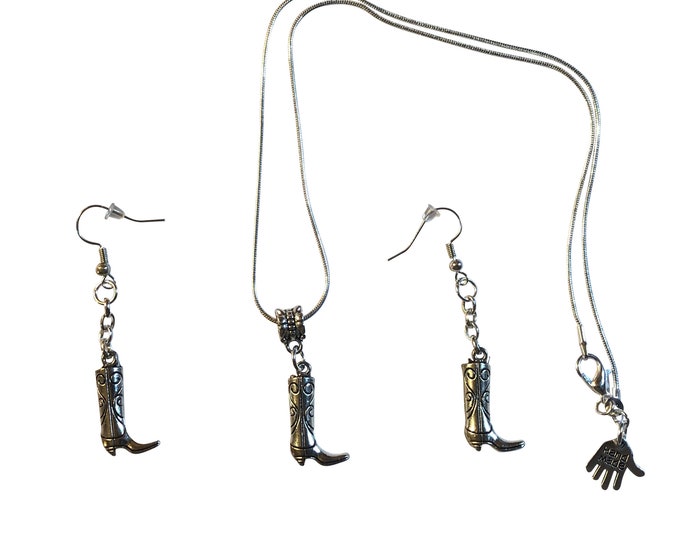 Cowboy Western Boot Silver Plated Snake Necklace Earrings 18" Chain NEW Gift Boxed