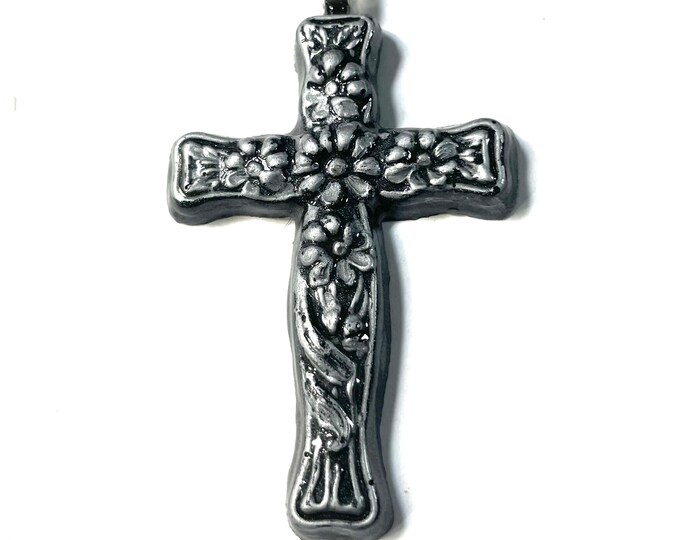 3D Resin Handpoured Pearlized Charcoal Gray Black, Silver, with Flowers, Cross Pendant @3 Inch Long, Pendant, Necklace