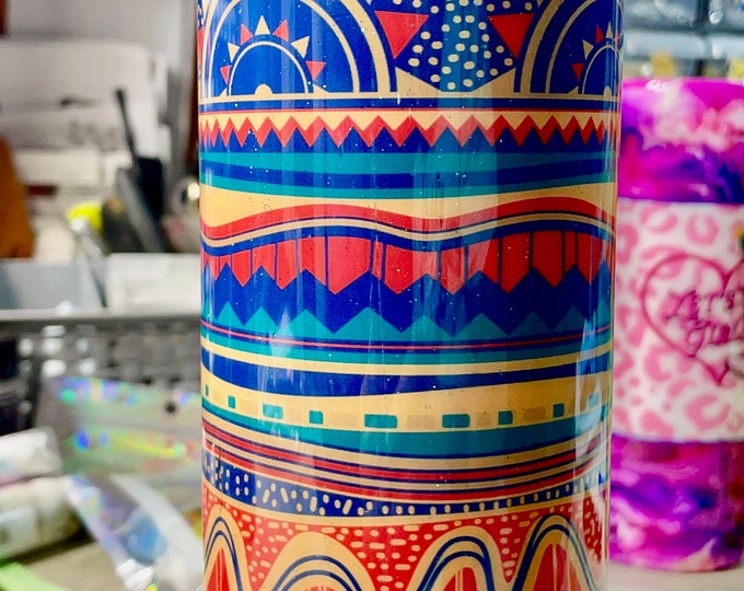 Ready to Ship 20 Oz Skinny Stainless Steel Epoxy Tumbler w Lid & Straw, Geometric Teal, Orange, Yellow, Blue