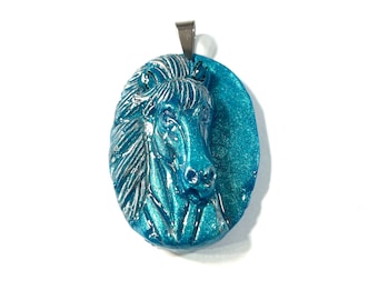 Resin 3D, Teal and Silver Pearlized Equestrian Horse Lover Pendant @1.75 Inch Long, Pendant, Necklace