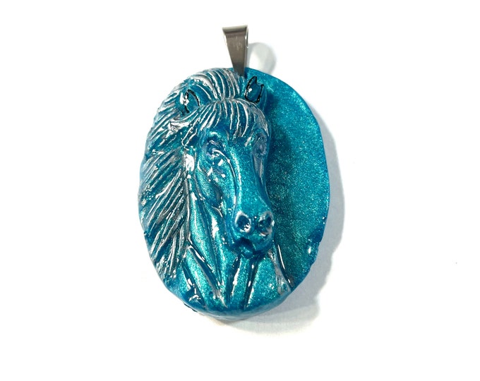 Resin 3D, Teal and Silver Pearlized Equestrian Horse Lover Pendant @1.75 Inch Long, Pendant, Necklace