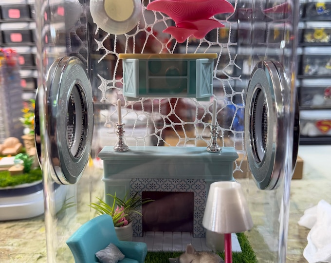 House Furniture Shelf Fireplace Plants Hides, Jumping Spider Enclosure, Dual Silver Vents, Feed Hole w Stopper, 5x5x9 Bottom Opening