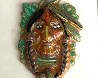 Resin 3D, Painted Good Luck Totem Native American Indian Chief Pendant @2.25" Medallion Necklace