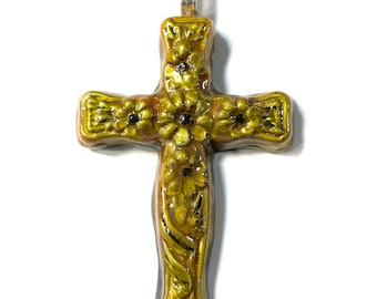 3D Resin Handpoured Pearlized Yellow Gold Brown with Flowers, Cross Pendant @3 Inch Long, Pendant, Necklace