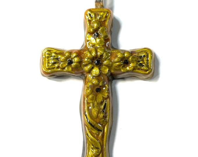 3D Resin Handpoured Pearlized Yellow Gold Brown with Flowers, Cross Pendant @3 Inch Long, Pendant, Necklace