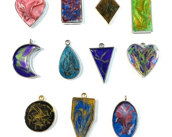Custom Colors, Resin Handpoured and Painted, Heart, Moon, Geometric, Diamond Shapes, Pendant, Silver Plated @1-1.5 Inch Long