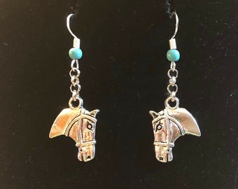 Dangle Horse Head & Faux Turquoise Earrings Gift Boxed with Ornate Organza Gift Bag!