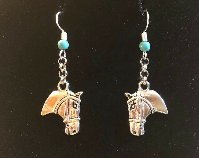 Dangle Horse Head & Faux Turquoise Earrings Gift Boxed with Ornate Organza Gift Bag!