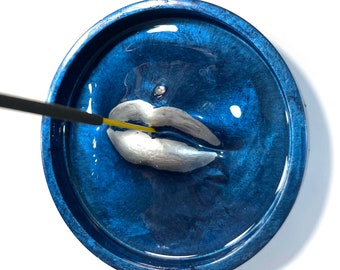 CUSTOM Available Resin Art Lips Incense Burner Tray Holder Altar, Moon Phase, Yoga, Goddess, 4 Inches, FREE Incense Included
