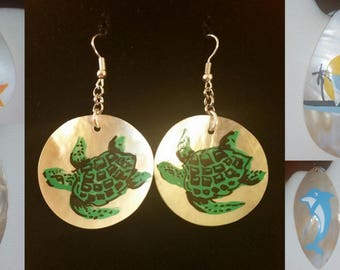 Hand Painted Seascapes on Shell Necklace and Dangle Earrings Gift Boxed with Ornate Organza Gift Bag!