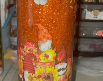 30 Oz Skinny Stainless Tumbler Cup, Lid Straw, Gold, Bronze, Brown, Gnomes, Mushroom Sunfower Fall
