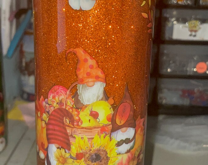 30 Oz Skinny Stainless Tumbler Cup, Lid Straw, Gold, Bronze, Brown, Gnomes, Mushroom Sunfower Fall