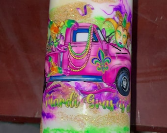 Ready to Ship 20 Oz Skinny Stainless Steel Epoxy Tumbler w Lid & Straw, Rainbow Mardi Gras Yall