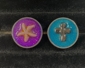Boho Hippie Starfish or Cross Statement Ring Handpoured and Painted Resin Stainless Steel Adjustable Ring