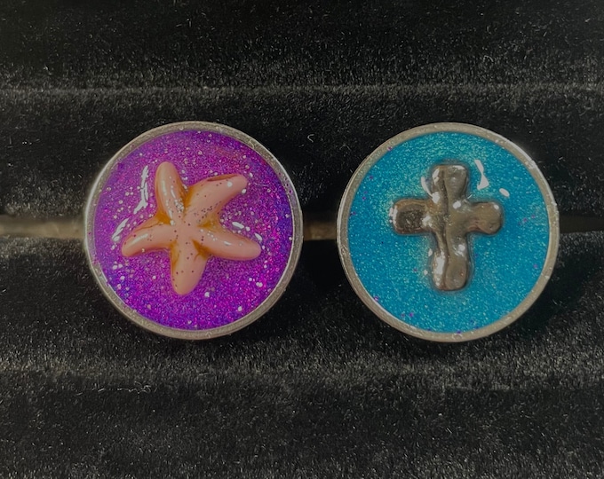 Boho Hippie Starfish or Cross Statement Ring Handpoured and Painted Resin Stainless Steel Adjustable Ring