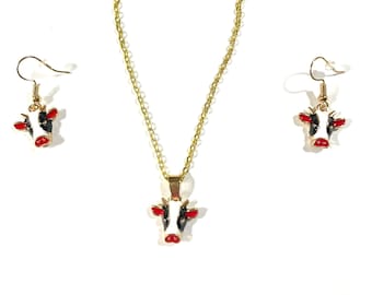 Black White Red Holstein Cow Necklace and/or Earrings Gift Boxed with Ornate Organza Gift Bag!