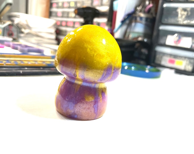 Boho Hippie Mushroom Decor Totem Statue, Yellow Purple @2 Inch, Resin Handmade & Painted