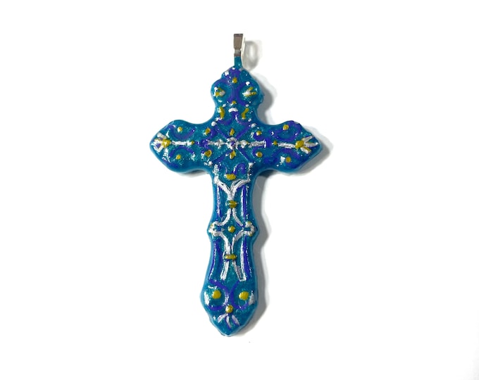 3D Resin Handpoured, Mardi Gras Mermaid Colors, Teal, Purple, Gold, Cross Pendant @2.2 Inch Long, Pendant, Necklace