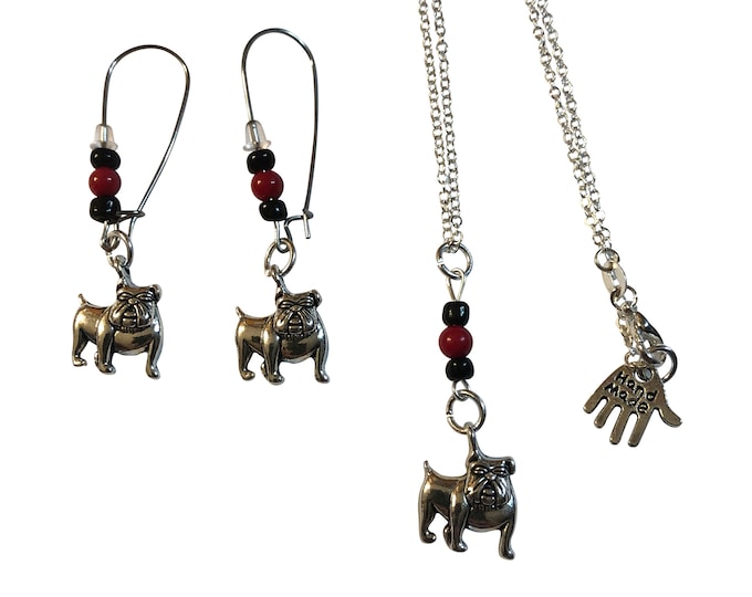 Georgia Bulldog Red Black Beads Pendant and/or Earrings,  18" Silver Plated Chain, Gift Boxed