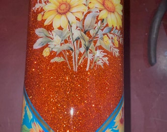Ready to Ship 20 Oz Skinny Stainless Steel Epoxy Tumbler w Lid & Straw, Sunflower and Bronze Glitter