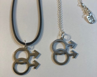 Double Mars Symbol Male Arrow Gay Pride 1" Stainless Steel Medallion Pendant 18"-30"Chain Gift Boxed