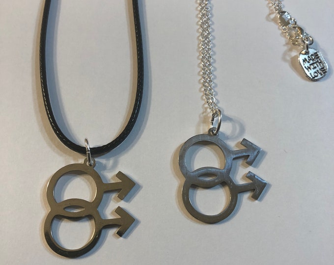 Double Mars Symbol Male Arrow Gay Pride 1" Stainless Steel Medallion Pendant 18"-30"Chain Gift Boxed