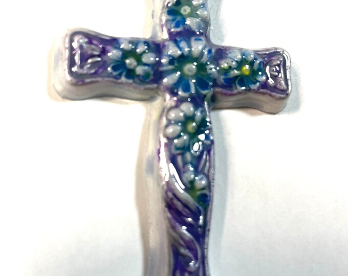 3D Resin Handpoured Blue Purple Yellow White, Flowers, Cross Pendant @3 Inch Long, Pendant, Necklace