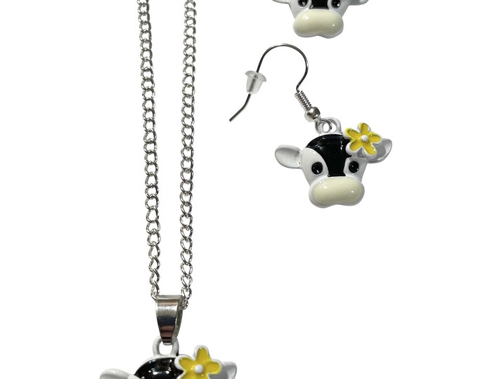 Black White Holstein Cow with Yellow Daisy Necklace and/or Earrings Gift Boxed with Ornate Organza Gift Bag!