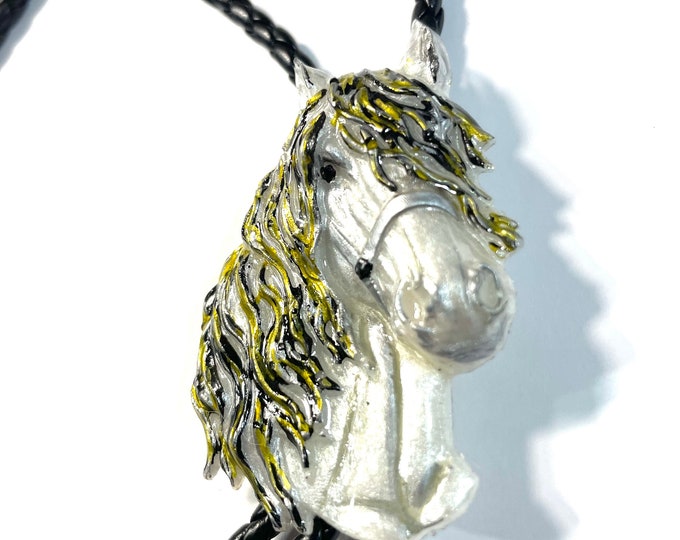Horse Head Bolo Tie Pearl White, Black, Silver, Gold Equestrian Horse Lover Pendant @2.5 Inch Long, Necklace or Ornament