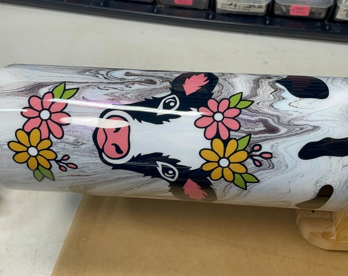 Ready to Ship 20 Oz Skinny Stainless Steel Epoxy Tumbler w Lid & Straw, Alcohol Ink Swirl, Cows White Black Pink Colorshift