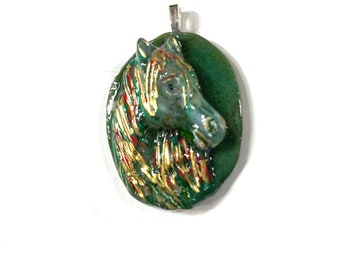 Resin 3D, Green Red Gold Equestrian Horse Lover Pendant @1.75 Inch Long, Pendant, Necklace