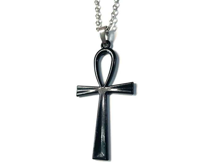 Black Painted Egyptian Ankh Cross Symbol of Luck and Protection, Medallion Necklace
