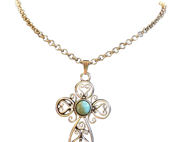 1.75" Antiqued Silver Cross, Faux Turquoise Cabochon Necklace Chain or Waxed Cord