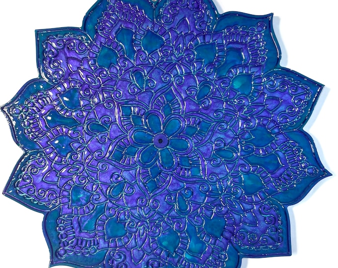 CUSTOM Available Resin Art Mandala Incense Burner Tray Holder Altar, Moon Phase, Yoga, Goddess, 5.5x6 Inches, FREE Incense Included