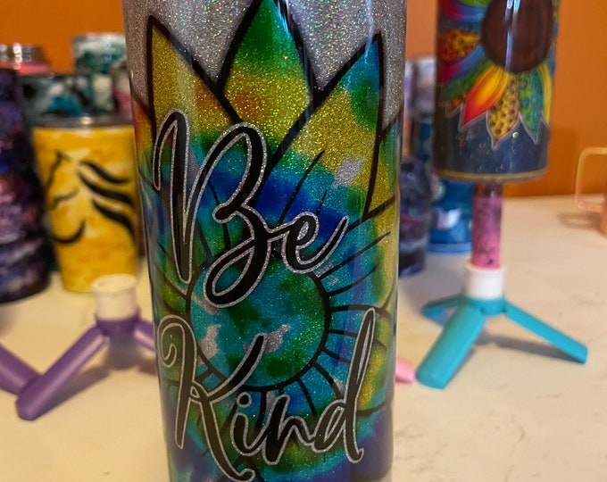 20 Oz Skinny Stainless Tumbler w Lid & Straw, "Be Kind" Rainbow Sunflower Silver Glitter