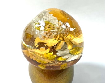 Boho Hippie Mushroom Flowers Daisy Decor Totem Statue, Gold, White, Orange, Clear, 3 Inch, Resin Handmade & Painted