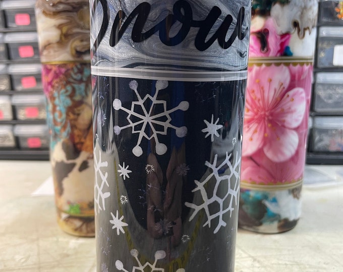 20 Oz Skinny Stainless Tumbler w Lid & Straw, Alcohol Ink Swirl, Colorful Let it Snow, Snowflake, Blue White