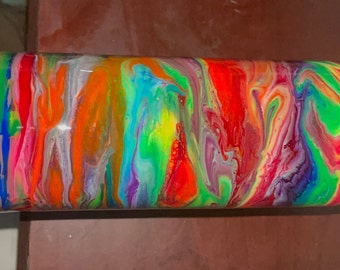 20 Oz Skinny Stainless Tumbler w Lid & Straw, Neon Rainbow Swirl