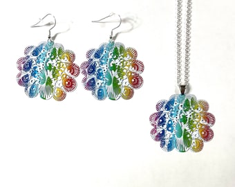 Peacock Flower Rainbow Multi Color Filigree Enamel Painted Metal Medallion Pendant and/or Earrings 18" to 30" Chain or Waxed Cord Necklace