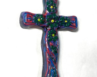 3D Resin Handpoured Pearlized Multi Color Rainbow with Flowers, Cross Pendant @3 Inch Long, Pendant, Necklace