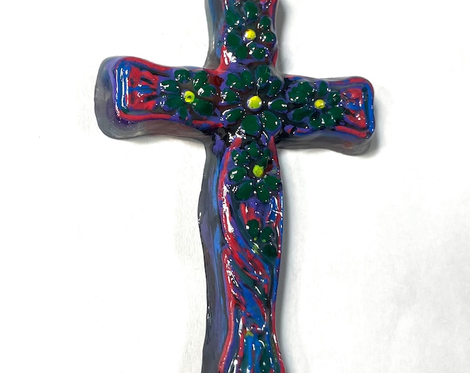 3D Resin Handpoured Pearlized Multi Color Rainbow with Flowers, Cross Pendant @3 Inch Long, Pendant, Necklace